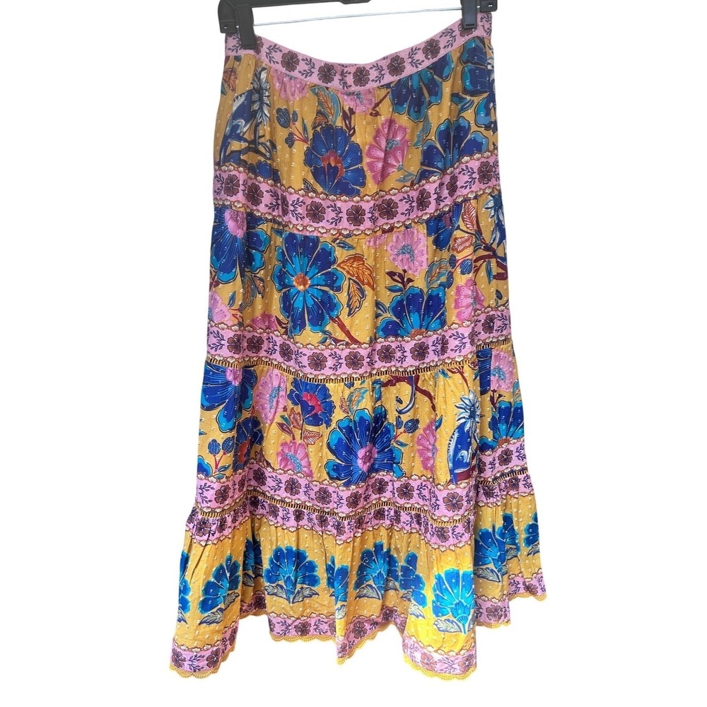 Farm Rio Yellow Floral Tiered Maxi Skirt Clip Dot Boho Crochet Trim Womens M - Picture 2 of 10